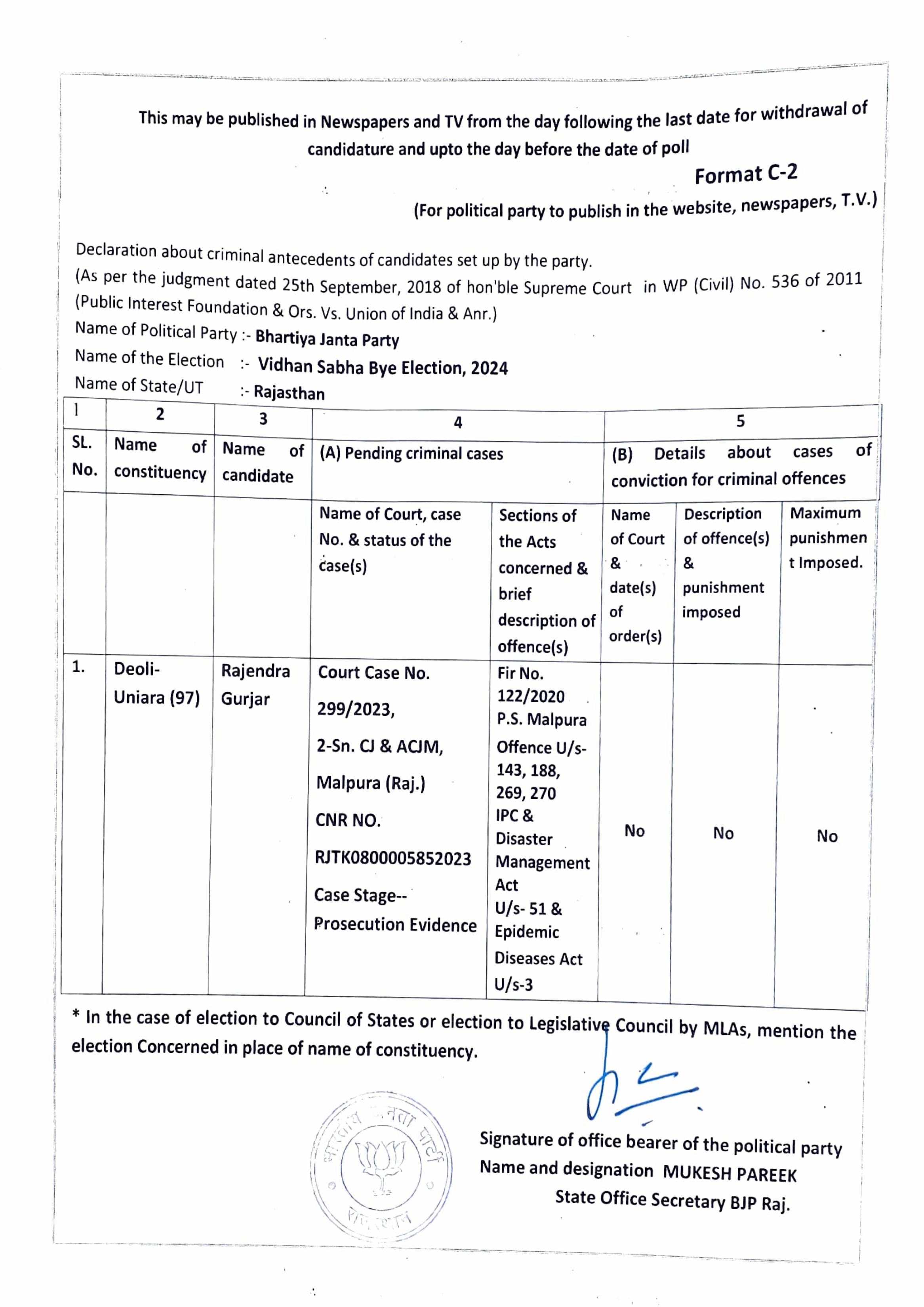 Information regarding individuals with pending criminal cases, who have been selected as candidates, along with the reasons for such selection, as also as to why other individuals without criminal antecedents could not be selected